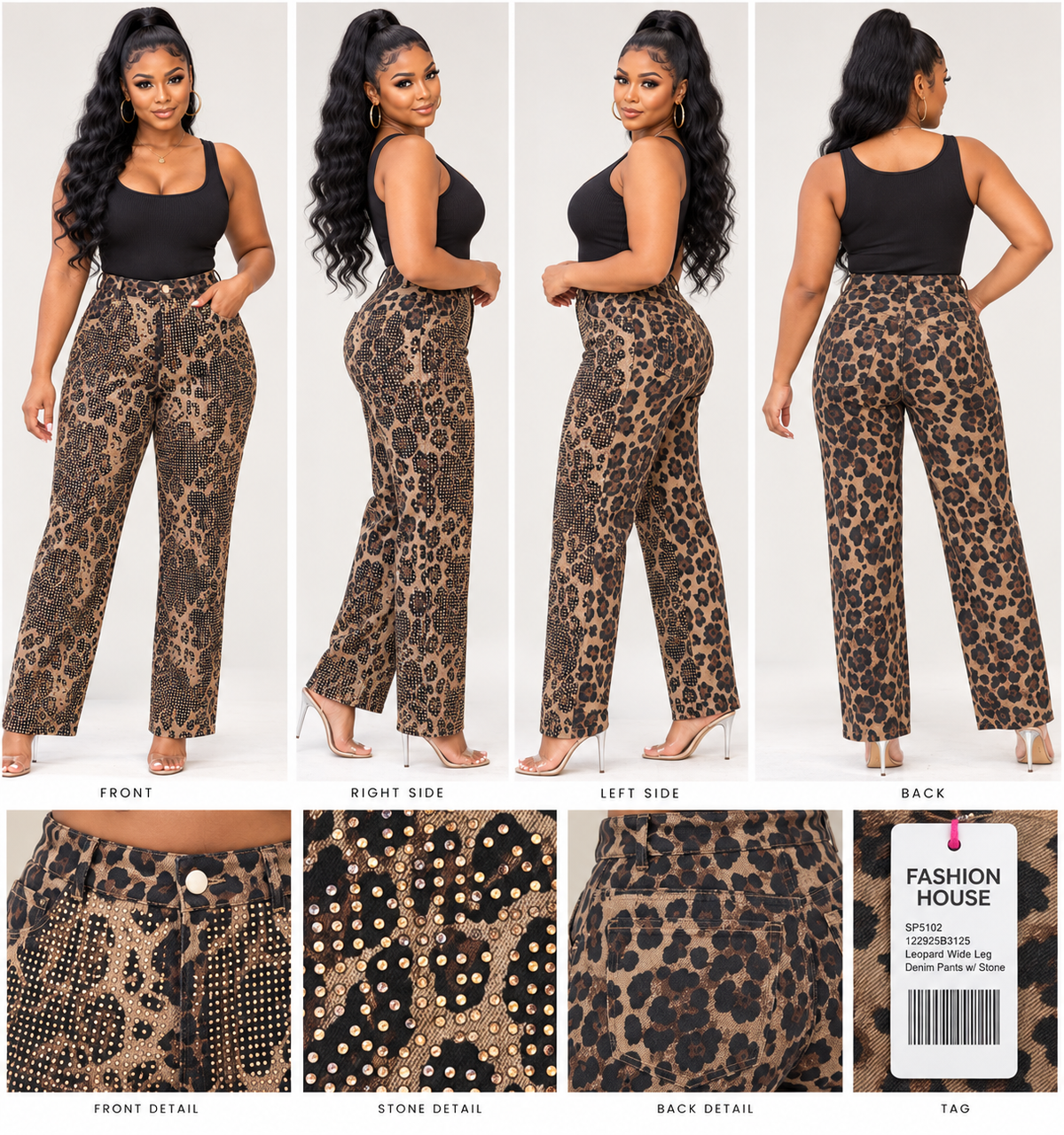 Leopard Rhinestone Wide-Leg Denim Pants