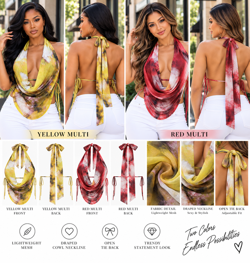 Printed Mesh Cowl Neck Halter Top