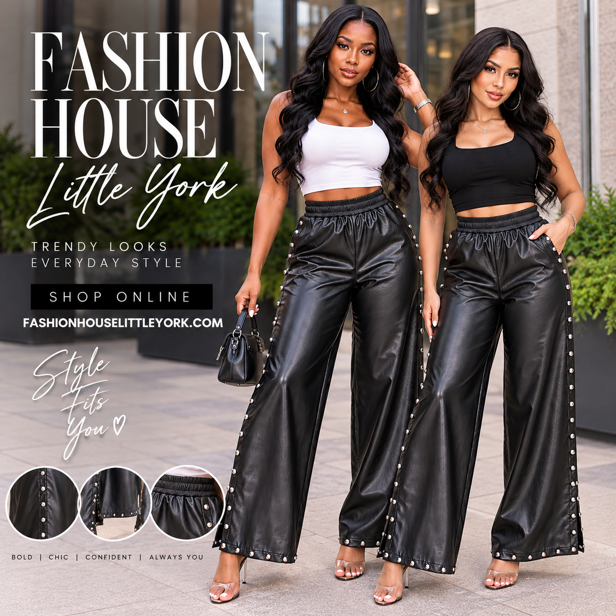 Black Faux Leather Stud Trim Wide-Leg Pants