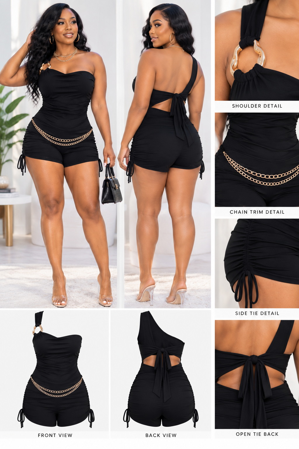Black One-Shoulder Gold Chain Ruched Romper – SBR3545