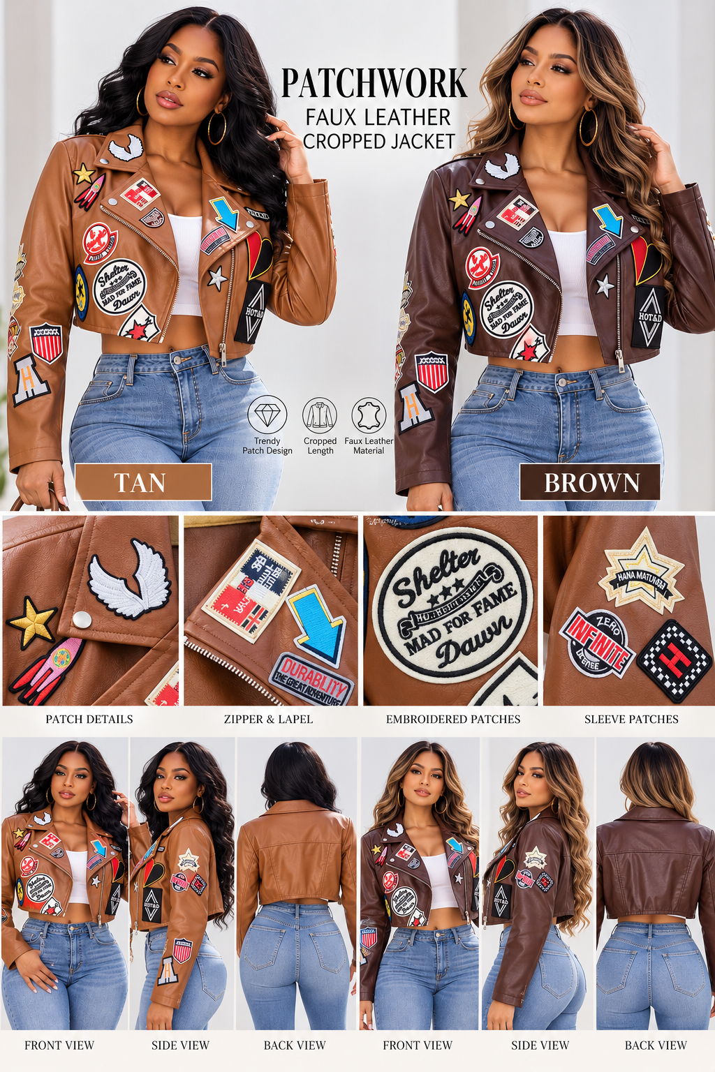 Women's Patchwork Faux Leather Cropped Moto Jacket – Tan & Brown