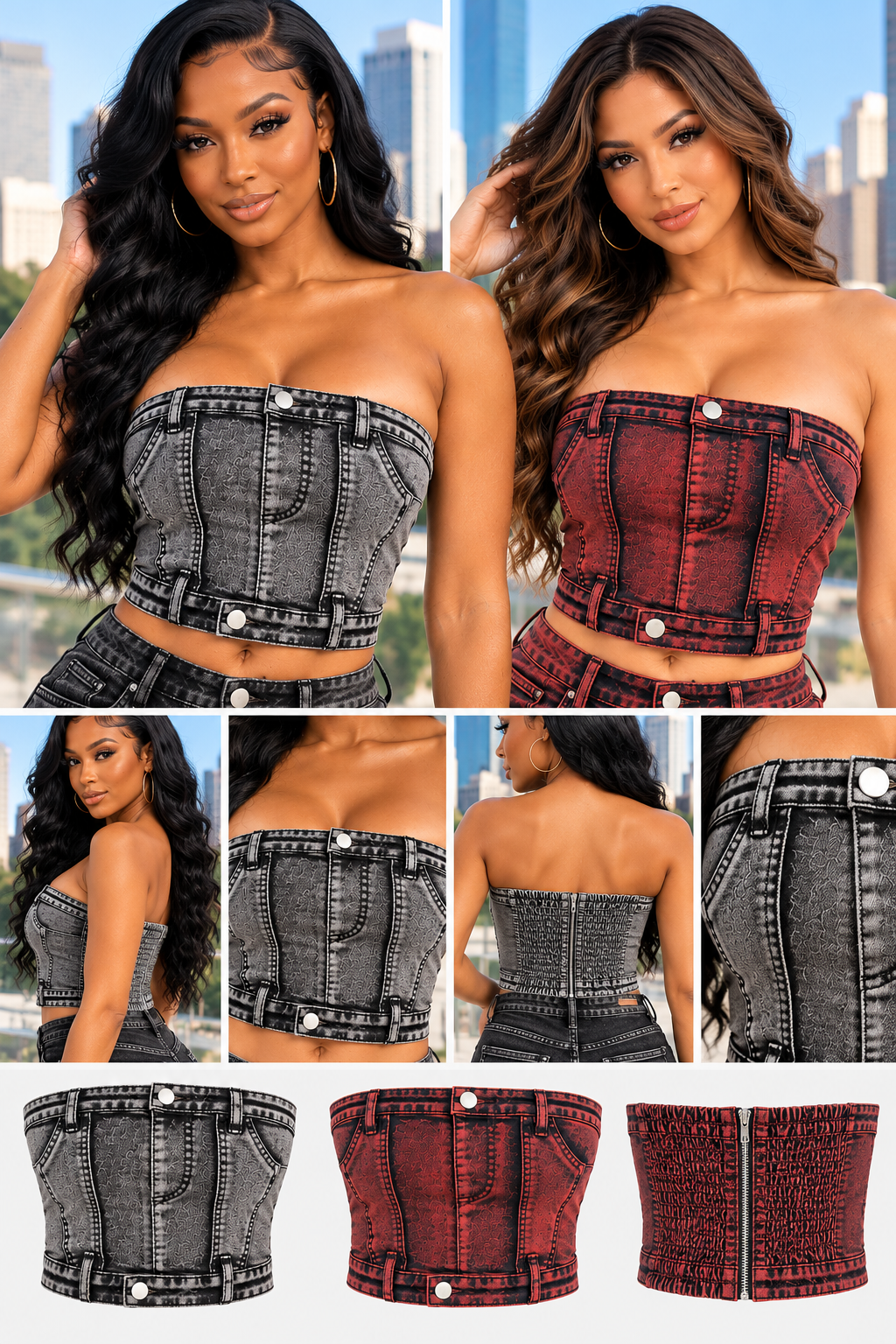 Women's Acid Wash Denim Tube Top – Strapless Corset Style
