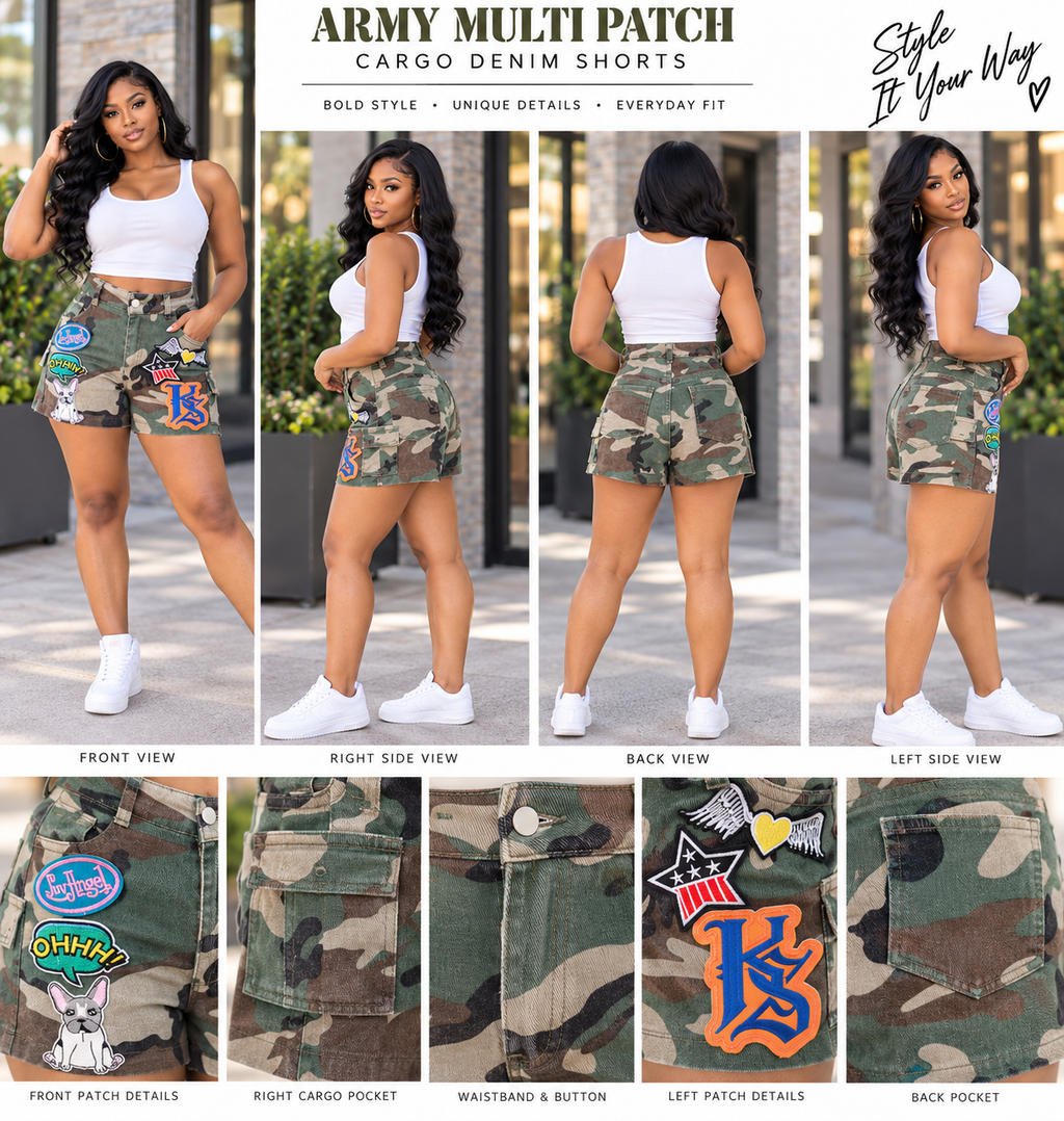 Army Multi Patch Cargo Denim Shorts