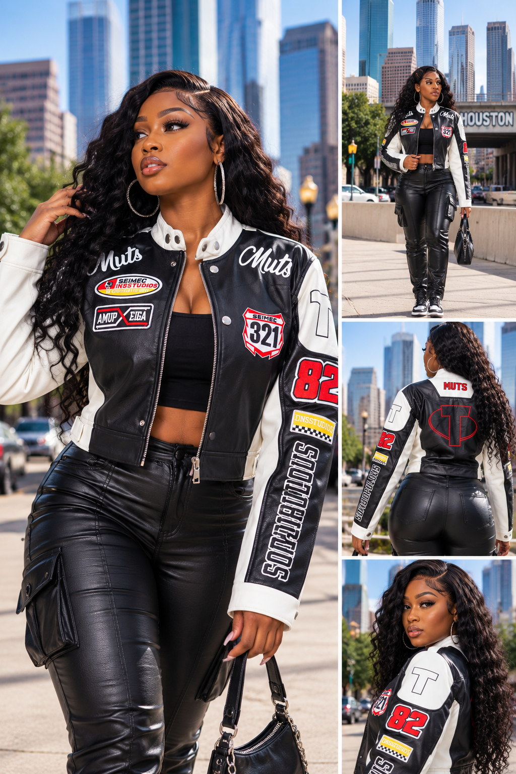 Women's Black & White PU Leather Moto Jacket – 321 Racing Patch