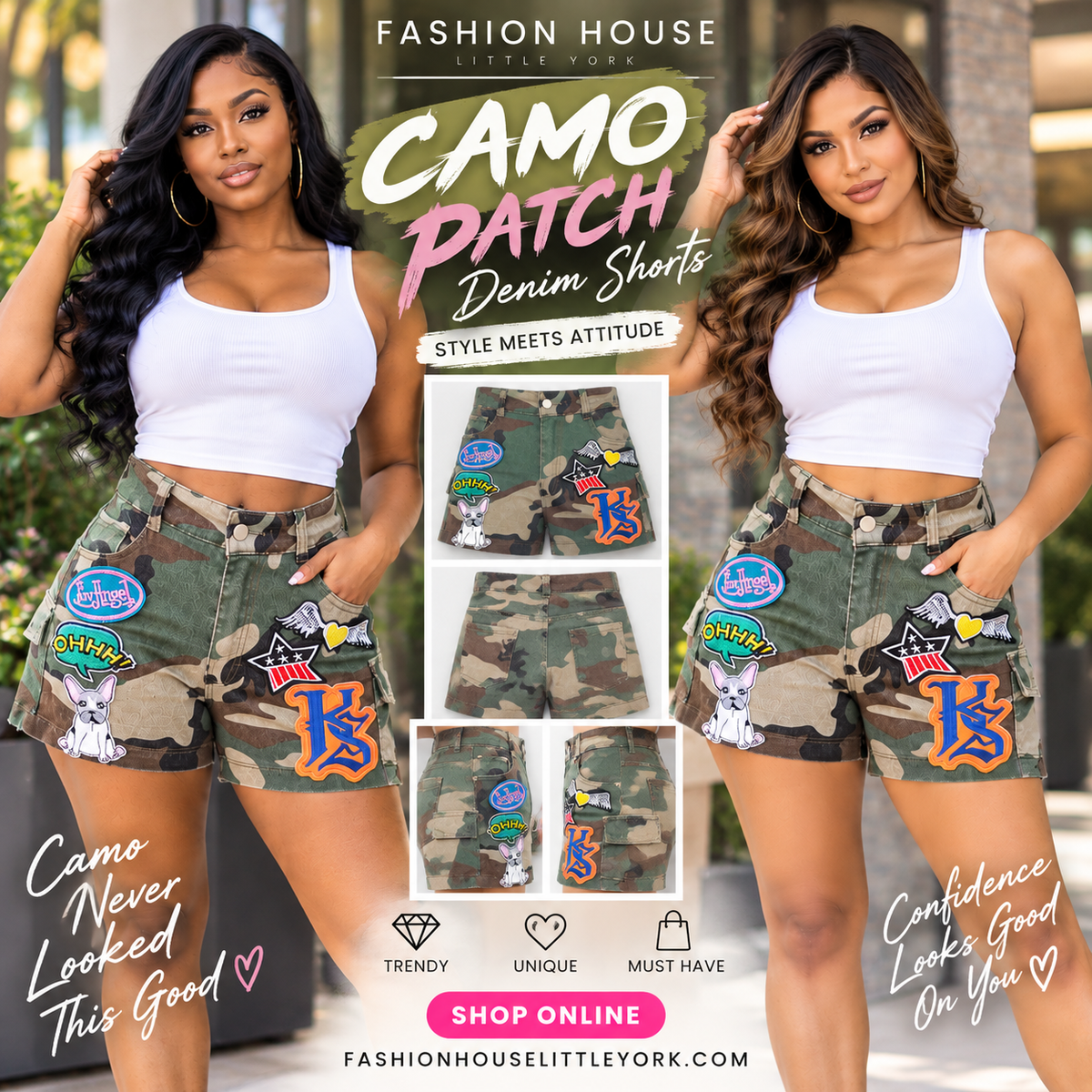 Army Multi Patch Cargo Denim Shorts