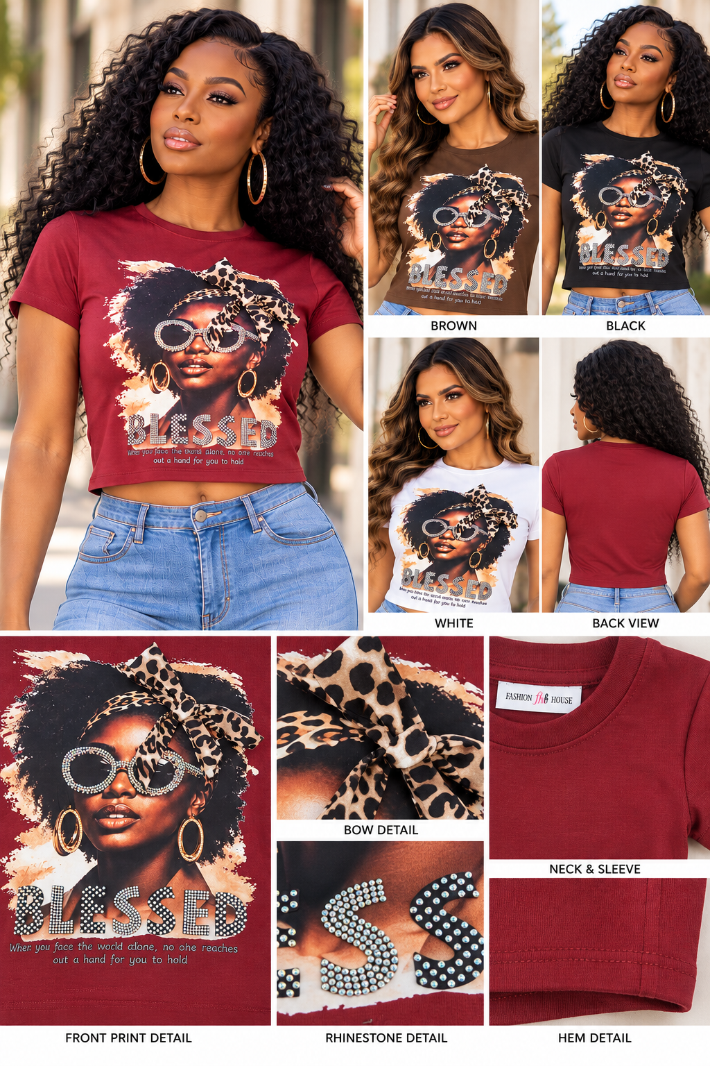 BLESSED Rhinestone Leopard Bow Graphic Crop Top