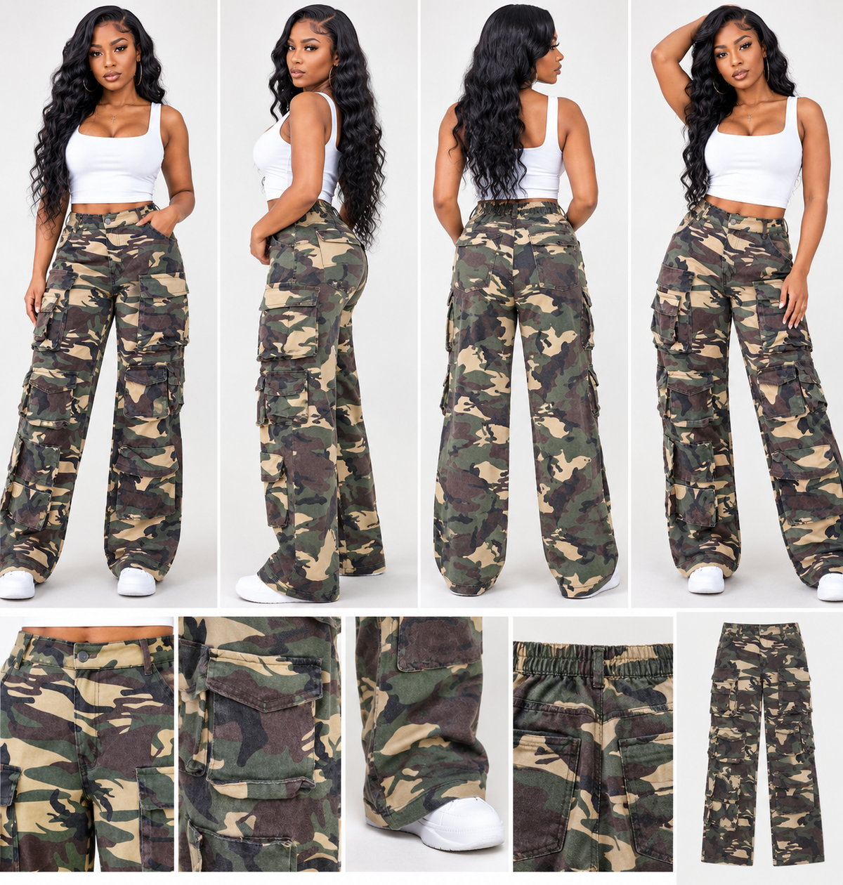 Multi-Pocket Camo Wide Leg Cargo Pants