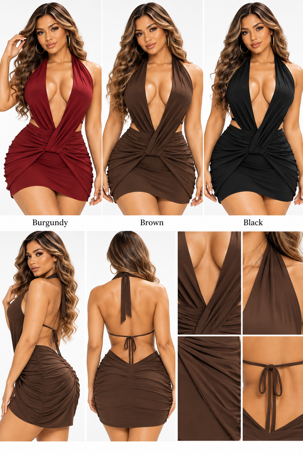 Halter V-Neck Open Back Ruched Mini Dress