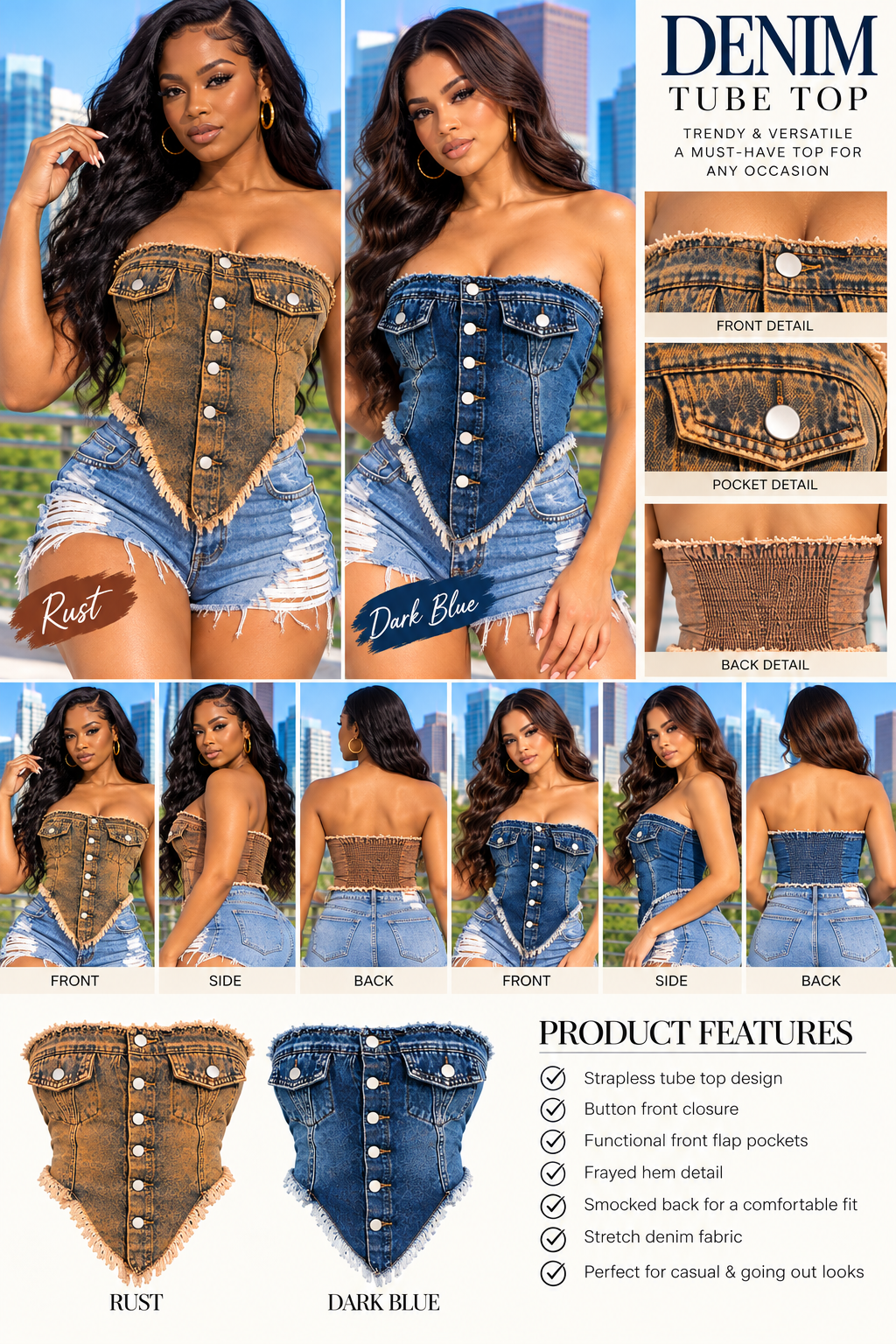 Acid Wash Asymmetric Denim Tube Top