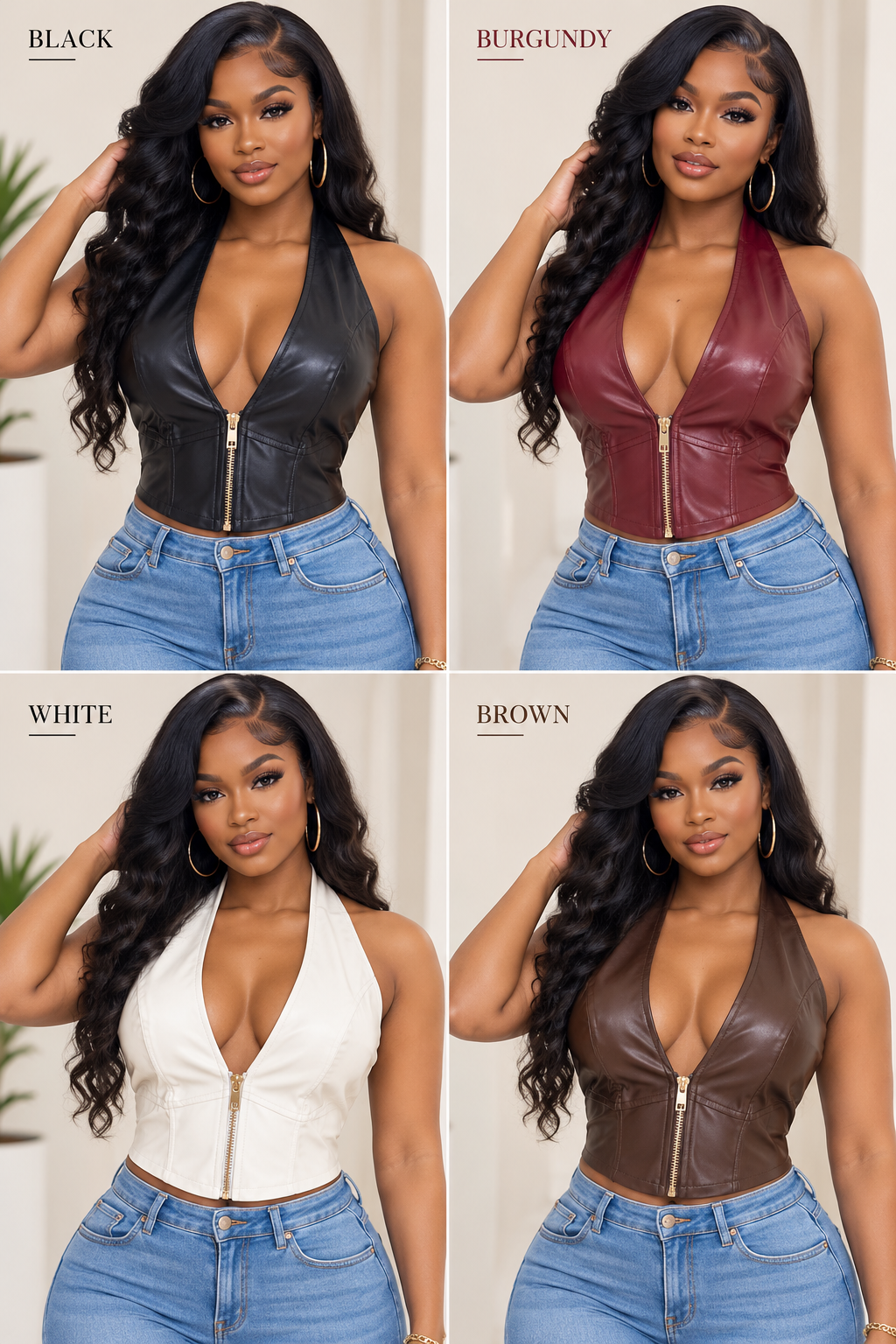 PU Leather Halter V-Neck Zipper Crop Top