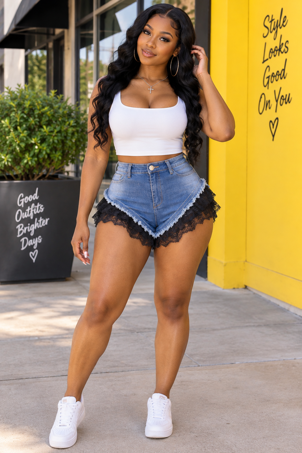 High-Waisted Denim Booty Shorts with Black Lace Trim