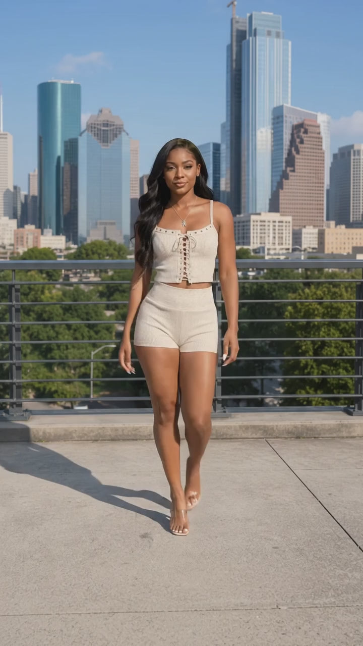 Lace-Up Ribbed Knit Cami Top & Shorts 2-Piece Set